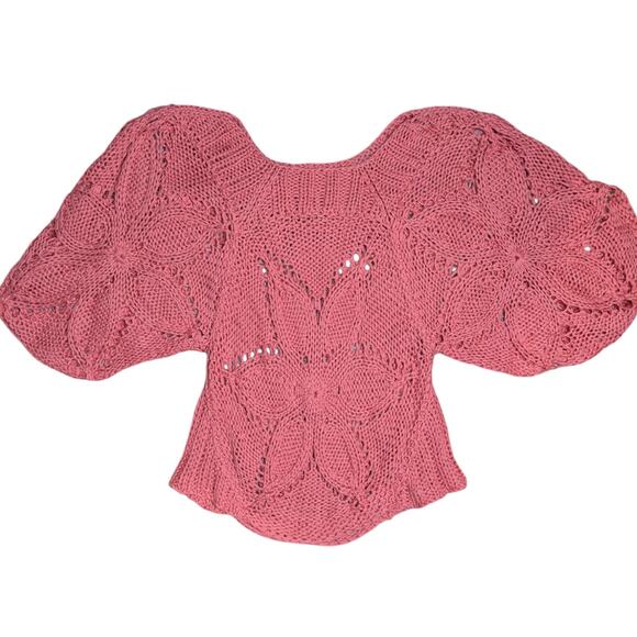 Vintage Chaudry KC Floral Open Knit Boho Crochet Sweater Pink - Picture 4 of 11